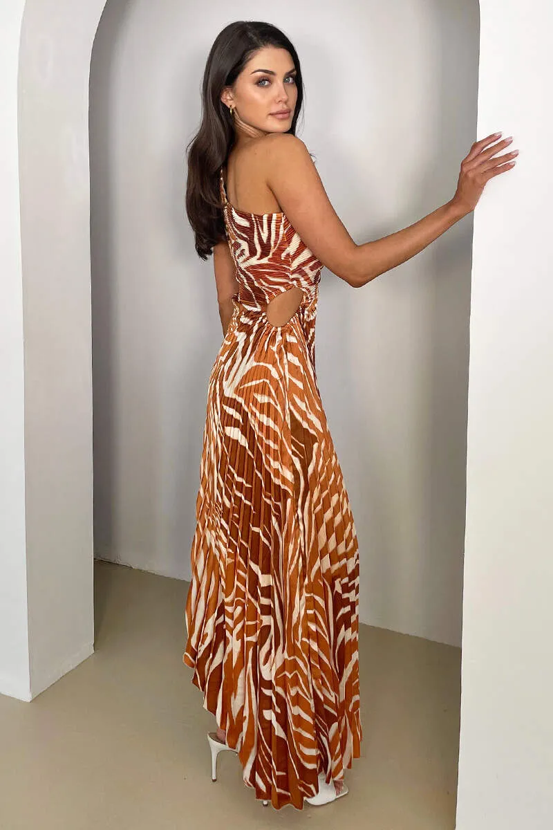 Rust Printed One Shoulder Pleated Midi Dress sold by AX Paris product image thumbnail 4