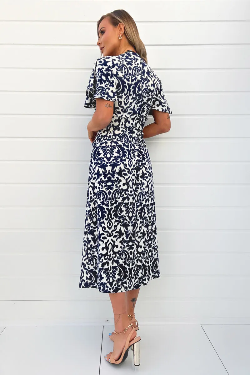 Navy And Cream Printed Bell Sleeve Midi Dress sold by AX Paris product image thumbnail 4