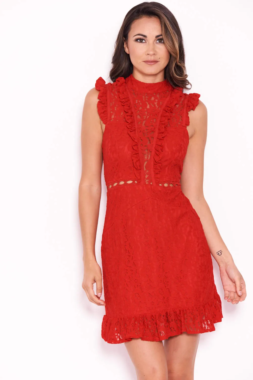 Red Lace Frill Detail Dress sold by AX Paris