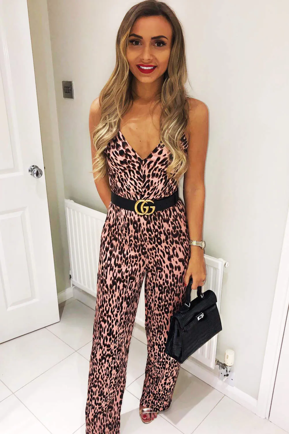 Pink Leopard Print V-Neck Jumpsuit sold by AX Paris