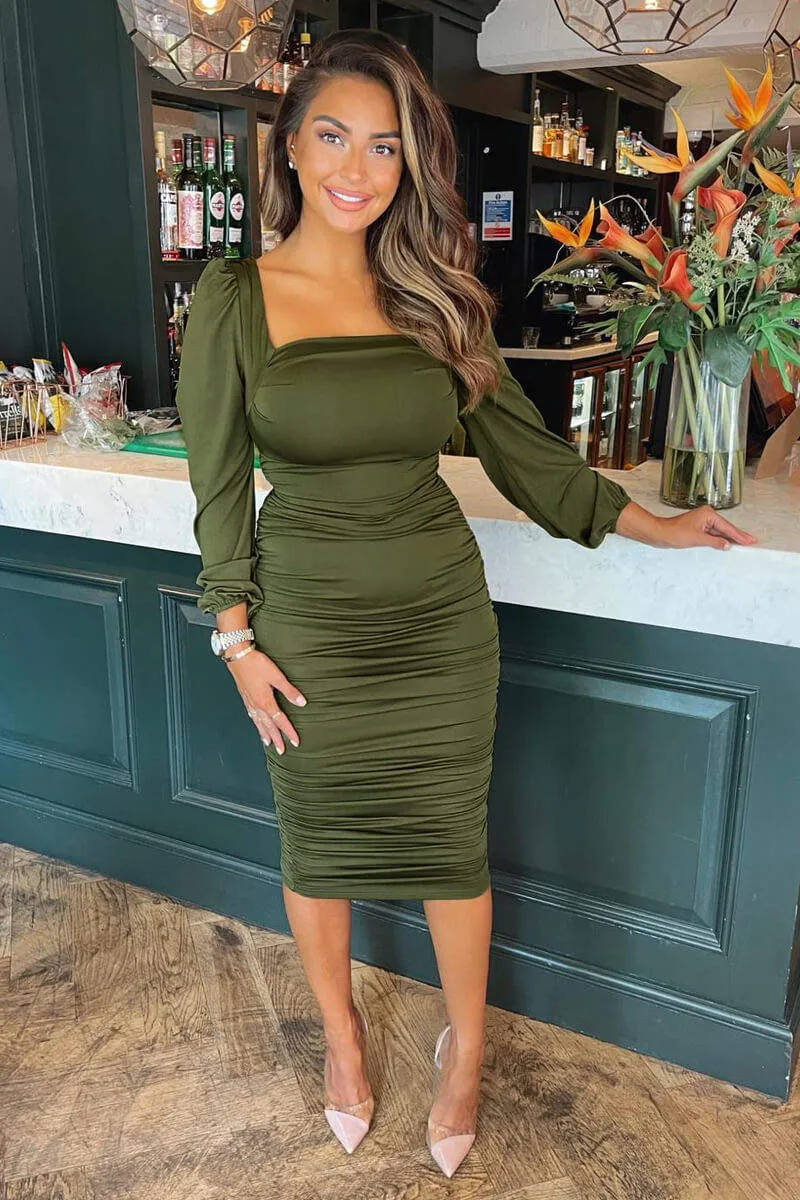 Olive Square Neck Ruched Midi Dress sold by AX Paris