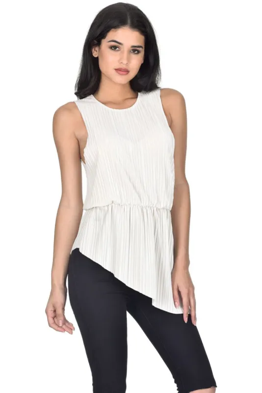 Cream Pleated Sleeveless Velvet Top sold by AX Paris