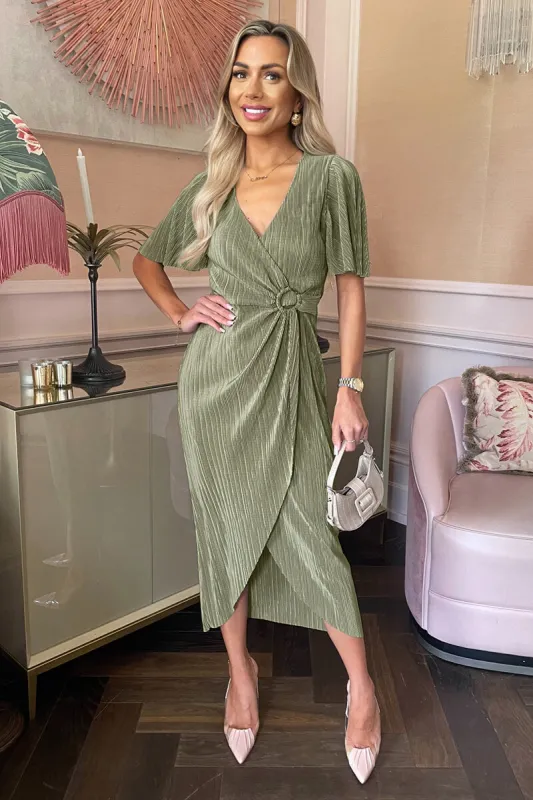 Light Khaki Short Sleeve Plisse Wrap Midi Dress sold by AX Paris