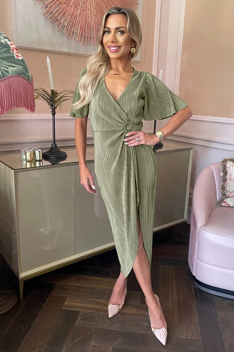 Light Khaki Short Sleeve Plisse Wrap Midi Dress sold by AX Paris product image thumbnail 2