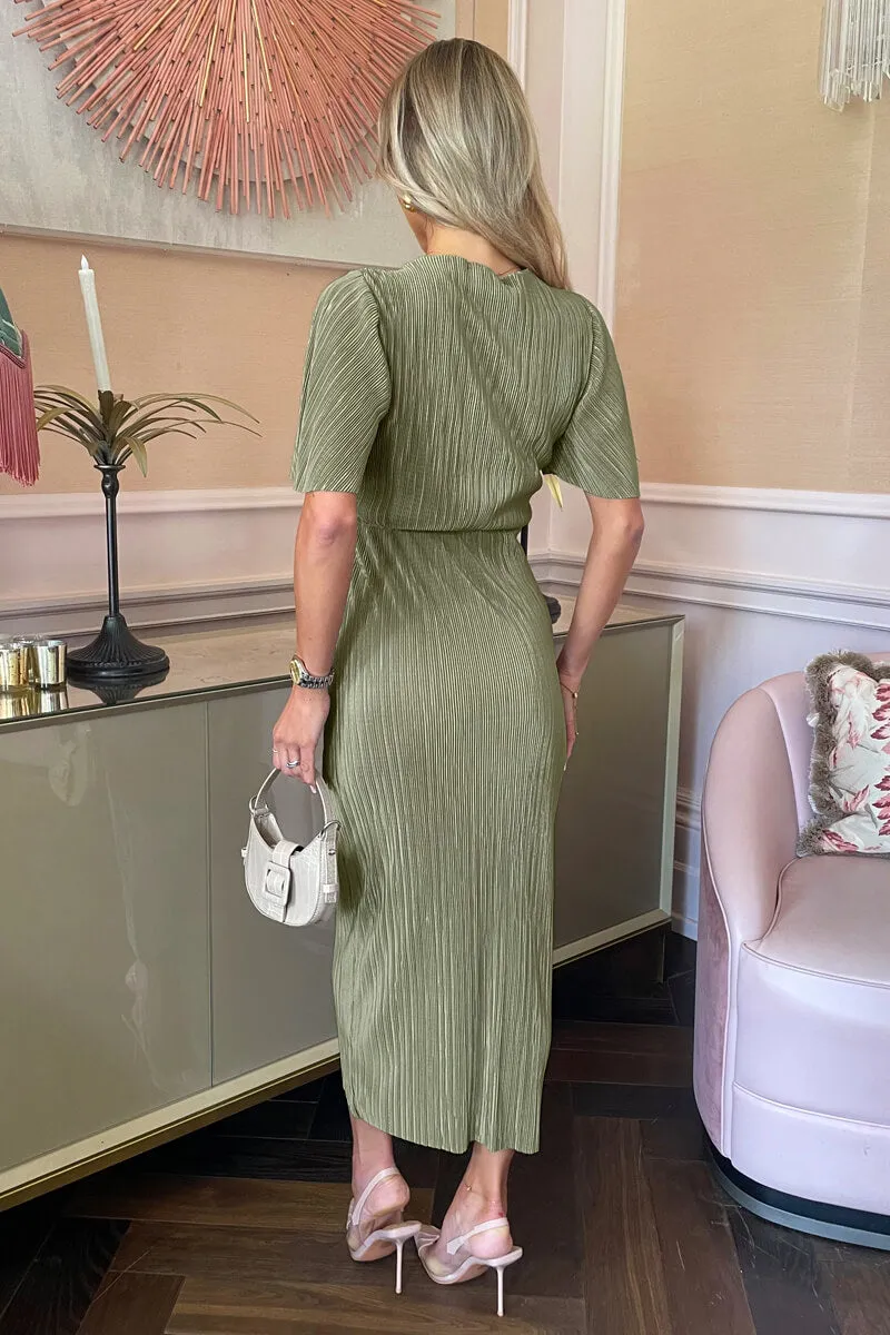 Light Khaki Short Sleeve Plisse Wrap Midi Dress sold by AX Paris product image thumbnail 3