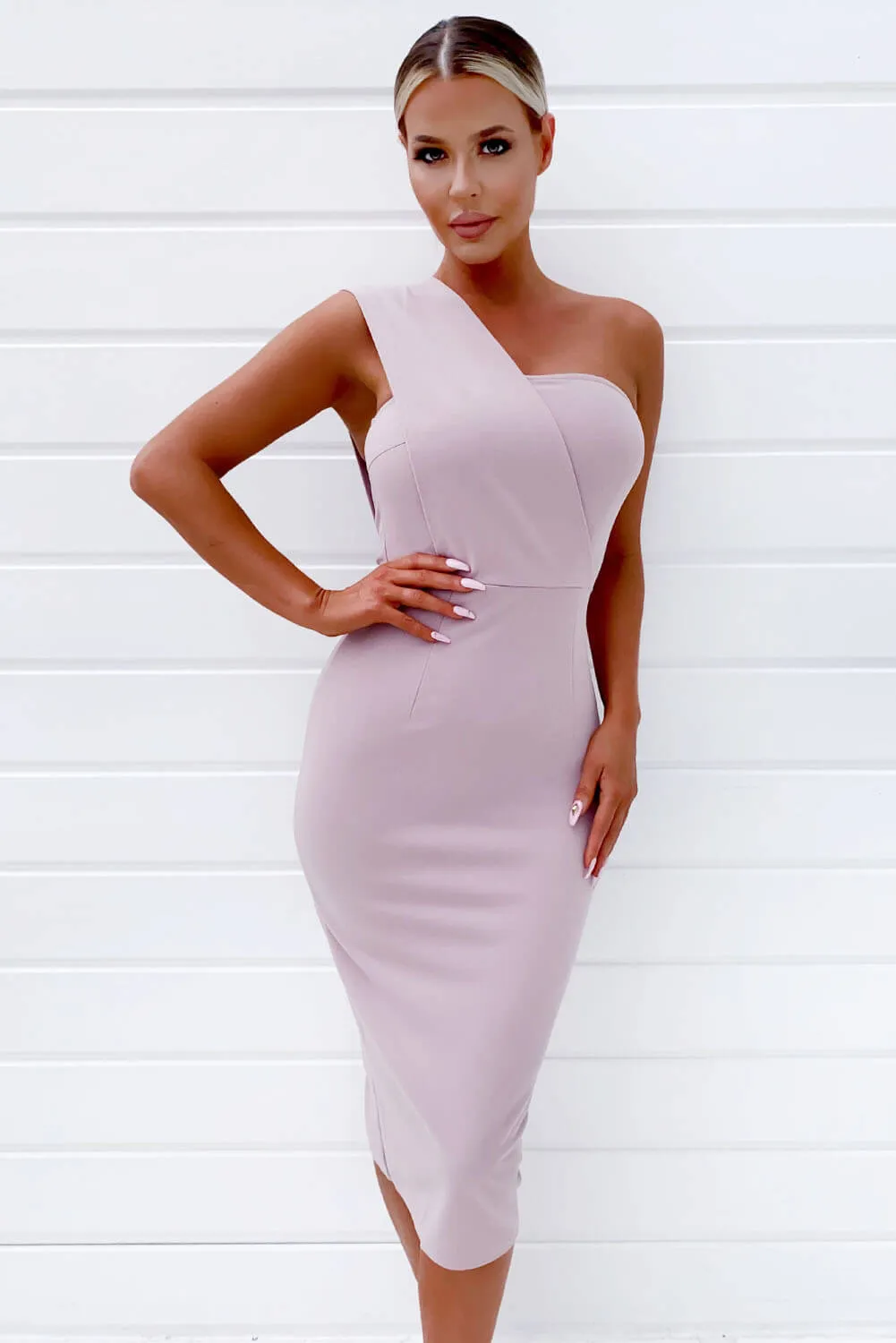 Mushroom One Shoulder Wrap Midi Dress sold by AX Paris