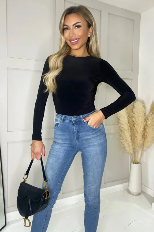 Black Round Neck Long Sleeve Slinky Bodysuit sold by AX Paris