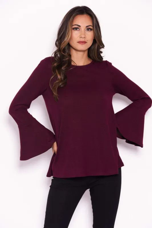 Plum Knitted Top With Frill Detailed Sleeves sold by AX Paris