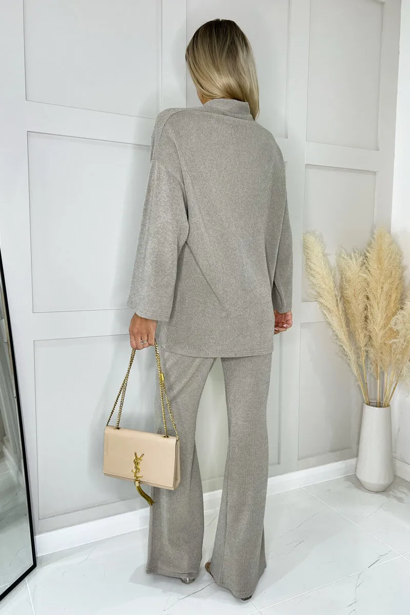 Oatmeal Ribbed Knit Button Front Lounge Cardigan sold by AX Paris product image thumbnail 4