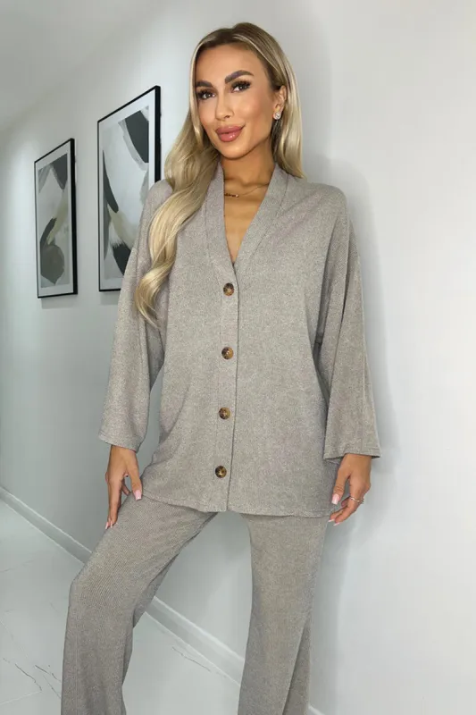 Oatmeal Ribbed Knit Button Front Lounge Cardigan sold by AX Paris