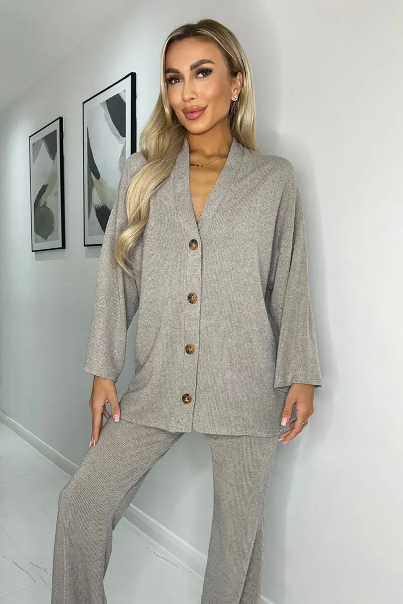 Oatmeal Ribbed Knit Button Front Lounge Cardigan sold by AX Paris