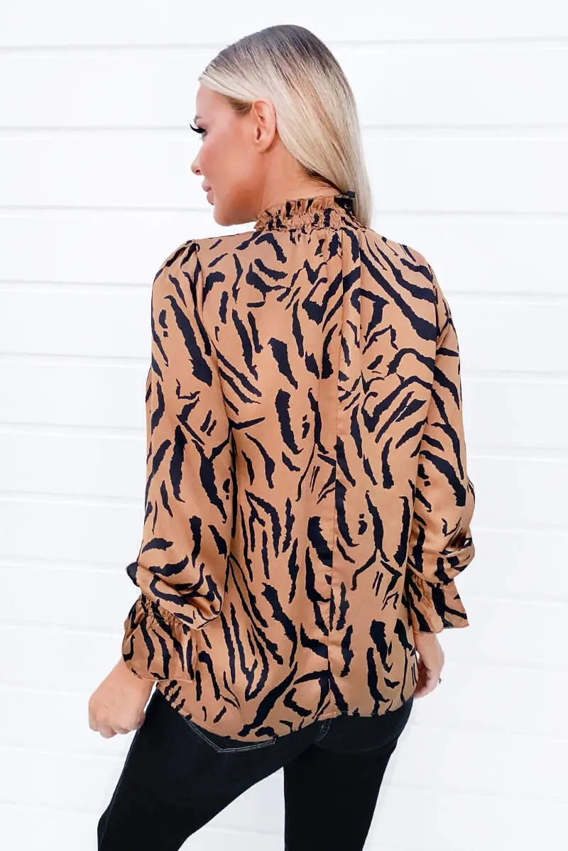 Camel Zebra Printed Ruffle High Neck Top sold by AX Paris product image thumbnail 4