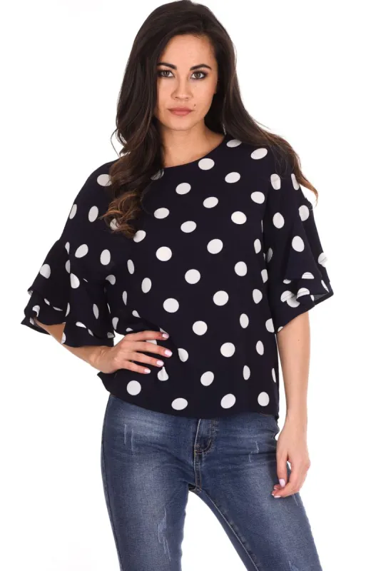 Navy Polka Dot Frill Sleeve Top sold by AX Paris