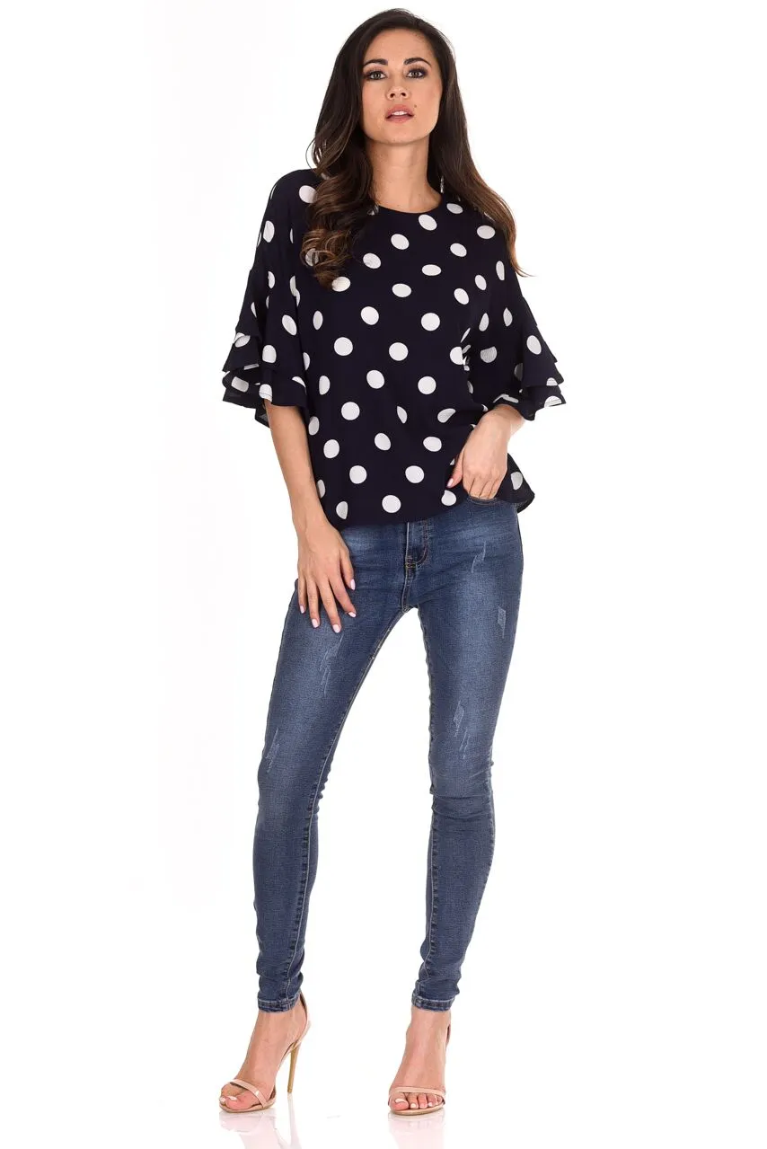 Navy Polka Dot Frill Sleeve Top sold by AX Paris product image thumbnail 2