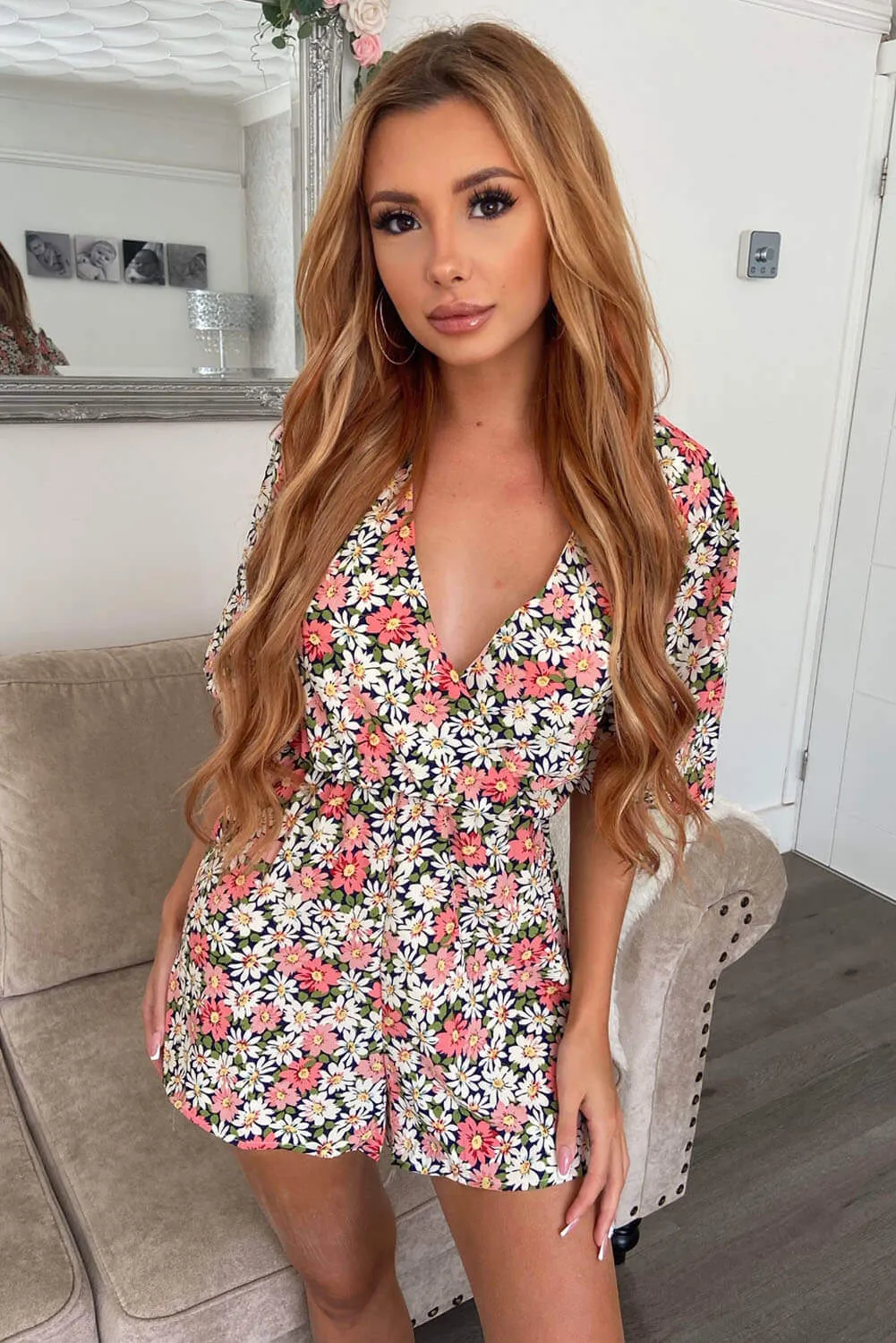 Pink Floral Wrap Playsuit sold by AX Paris