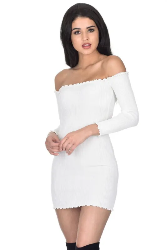 White Bardot Ruffle Detail Knit Dress sold by AX Paris