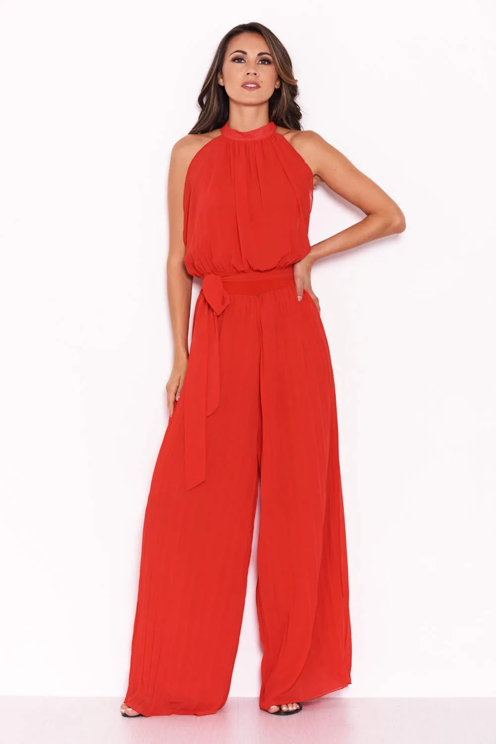 Red Pleated Choker Neck Jumpsuit sold by AX Paris product image thumbnail 2