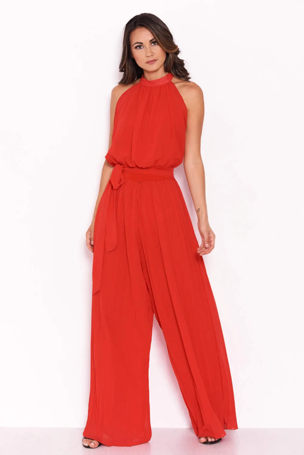 Red Pleated Choker Neck Jumpsuit sold by AX Paris product image thumbnail 3