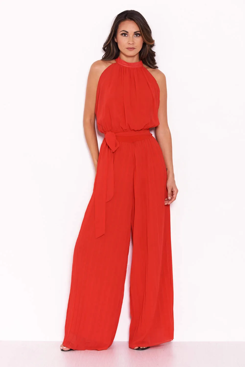Red Pleated Choker Neck Jumpsuit sold by AX Paris