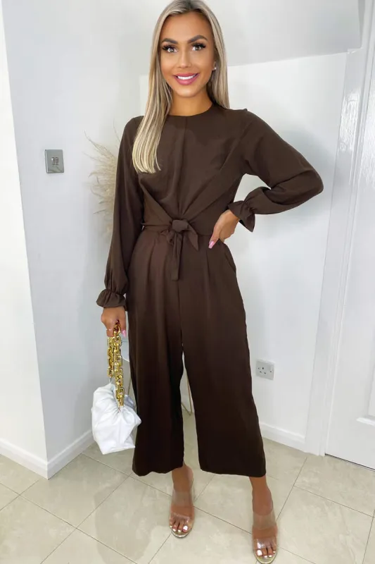 Chocolate Tie Front Long Sleeve Jumpsuit sold by AX Paris