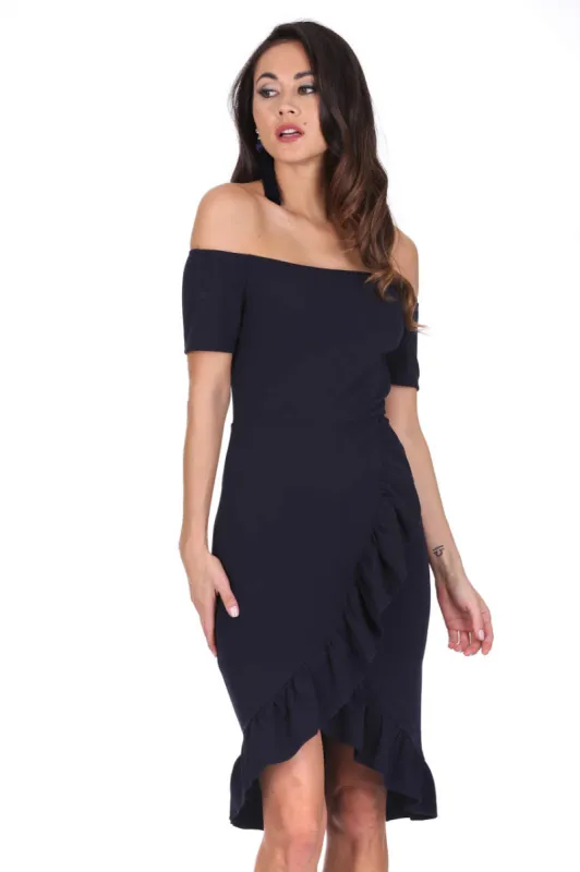 Navy Off The Shoulder Frill Detail Bodycon Dress sold by AX Paris