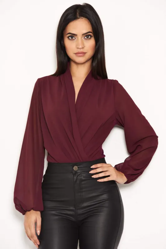 Plum Mesh Detail Sleeved Bodysuit sold by AX Paris