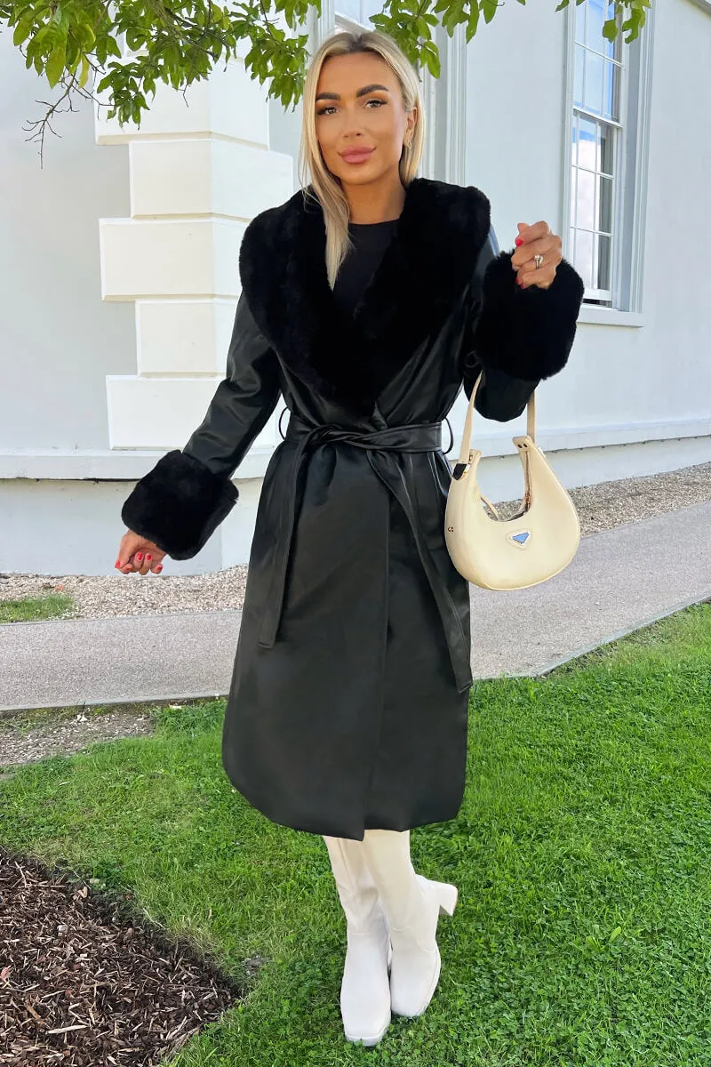 Black Faux Fur Trim Leather Look Long Coat sold by AX Paris product image thumbnail 3