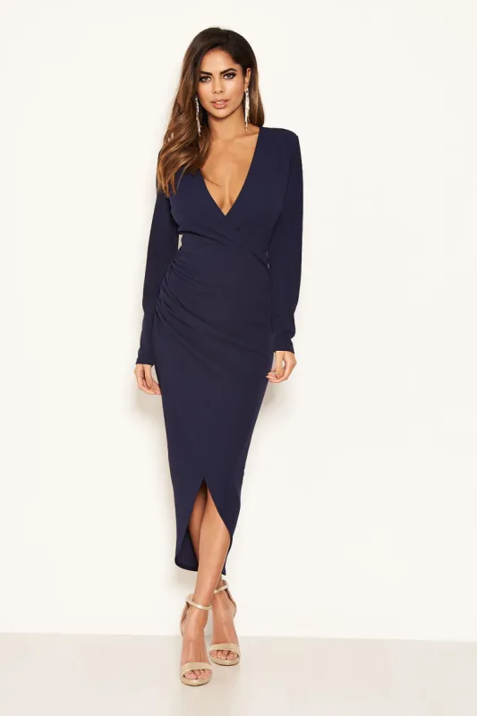 Navy Wrap Bodycon Ruched Dress sold by AX Paris