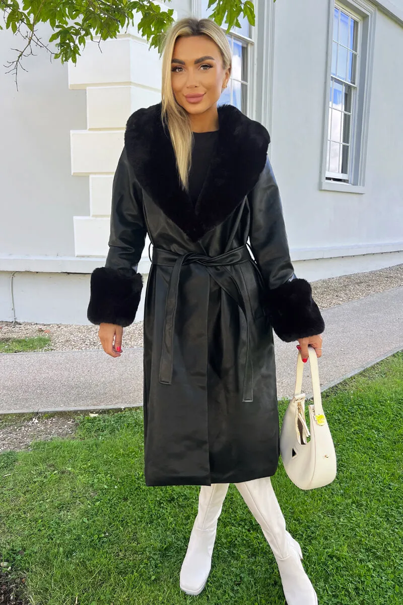 Black Faux Fur Trim Leather Look Long Coat sold by AX Paris product image thumbnail 2