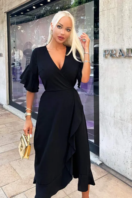 Black Midi Dress With Frill Hem And Sleeves sold by AX Paris
