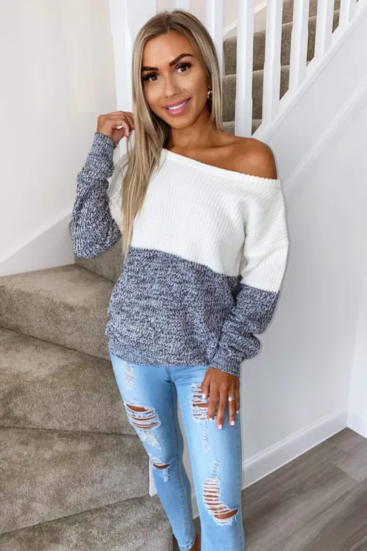 Ivory And Black Knit Off Shoulder Jumper sold by AX Paris