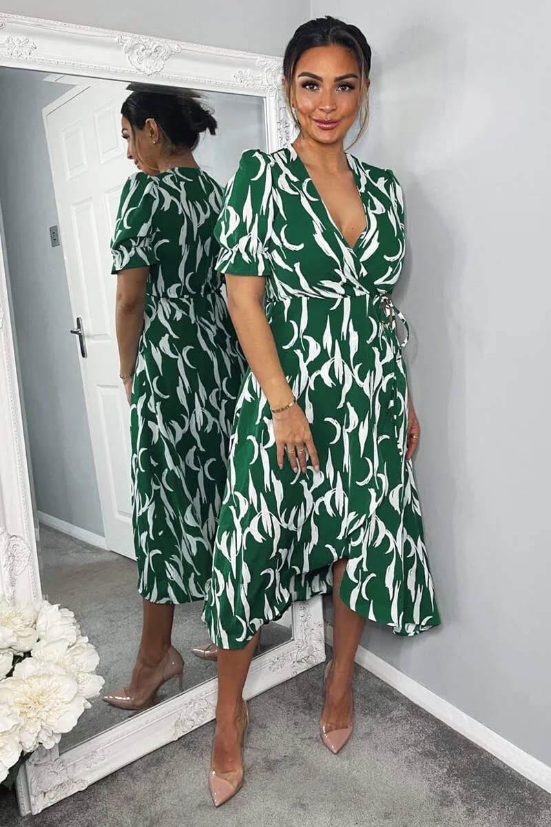 Green And White Printed Wrap Side Tie Midi Dress sold by AX Paris