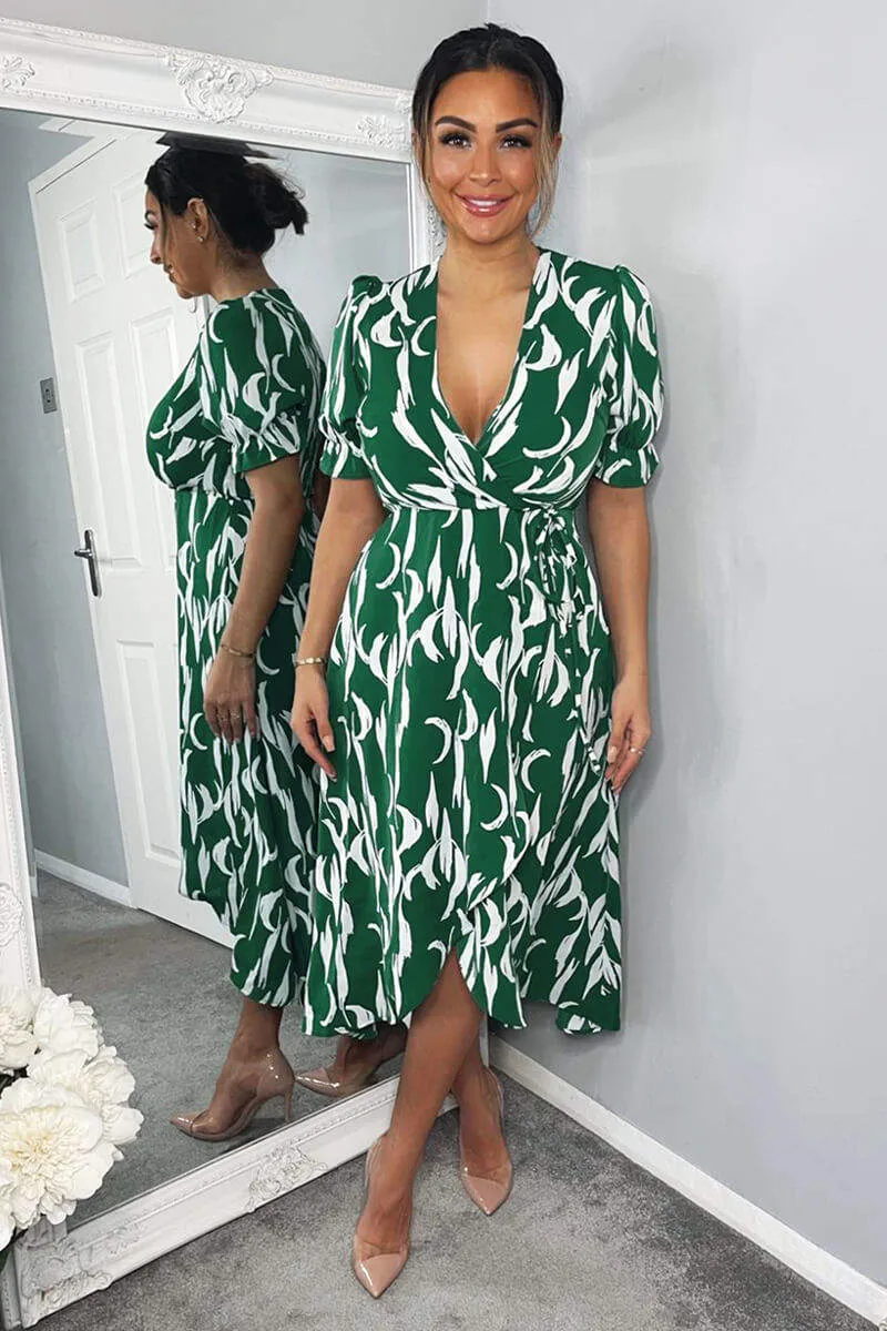 Green And White Printed Wrap Side Tie Midi Dress sold by AX Paris product image thumbnail 2