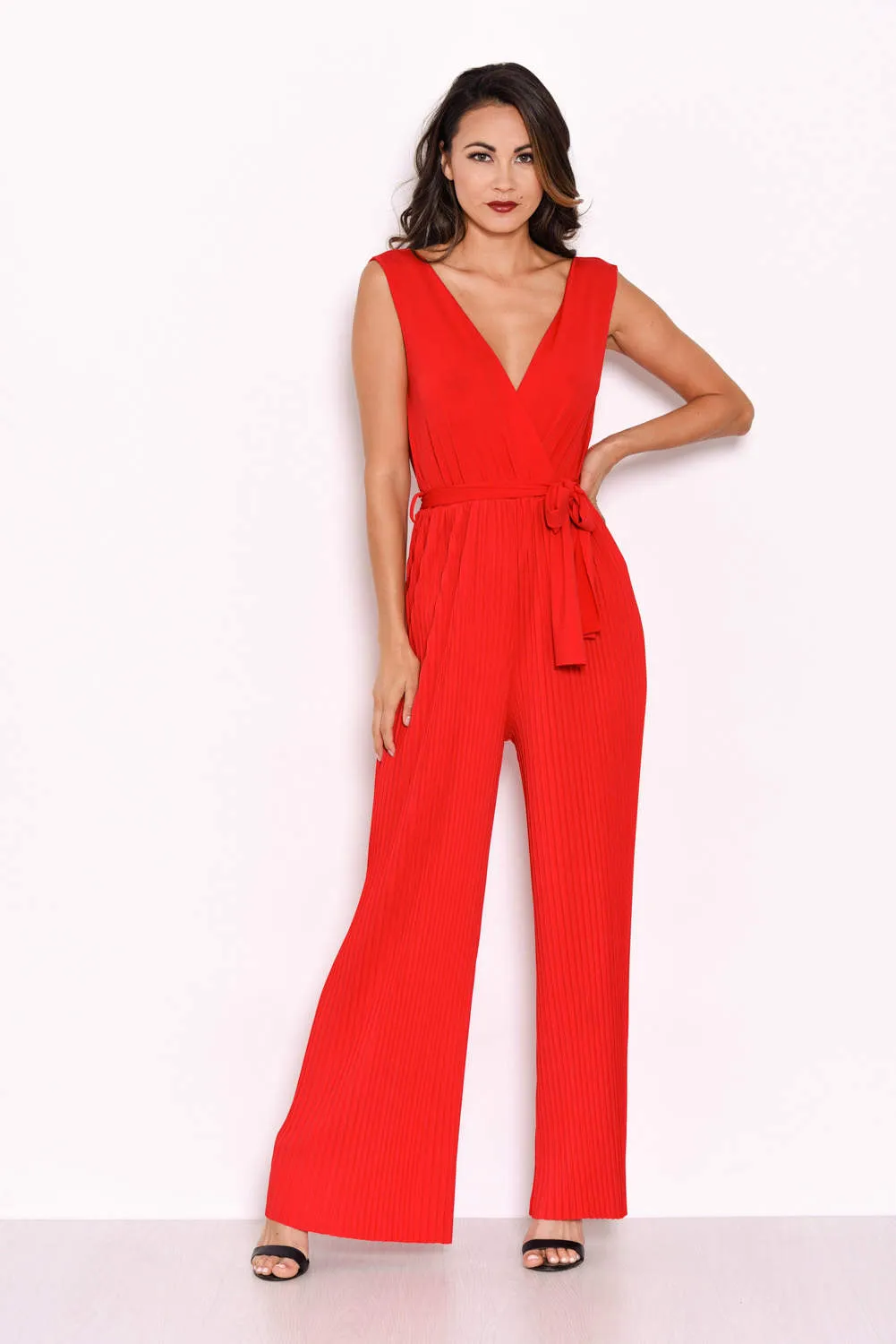 Red Pleated Tie-Waist Jumpsuit sold by AX Paris product image thumbnail 2