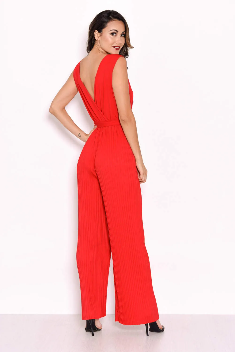 Red Pleated Tie-Waist Jumpsuit sold by AX Paris product image thumbnail 3