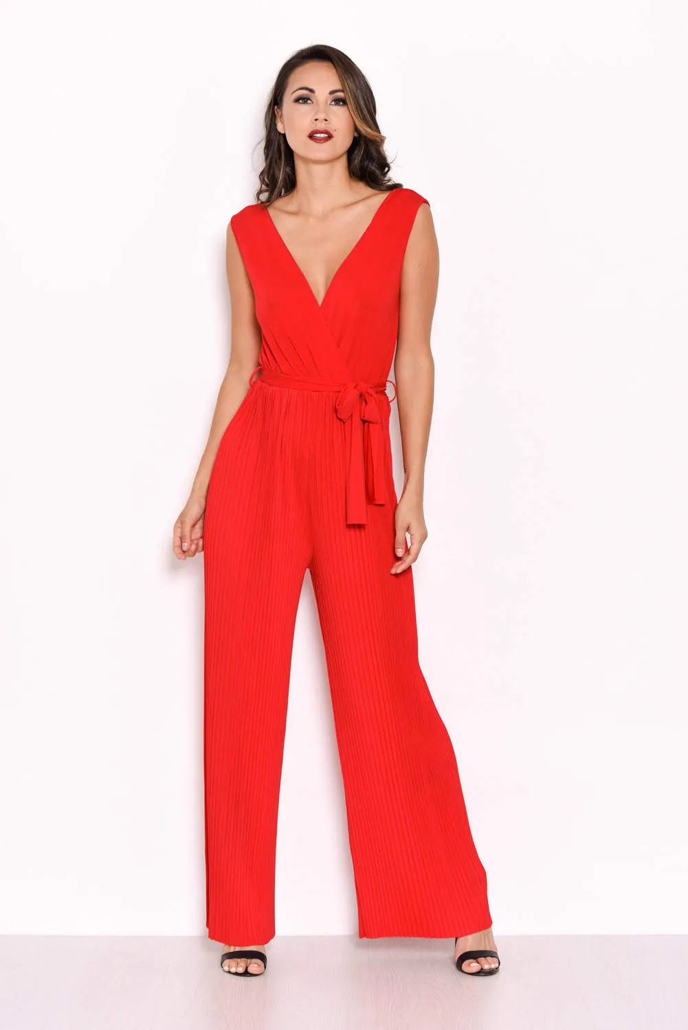 Red Pleated Tie-Waist Jumpsuit sold by AX Paris product image thumbnail 4