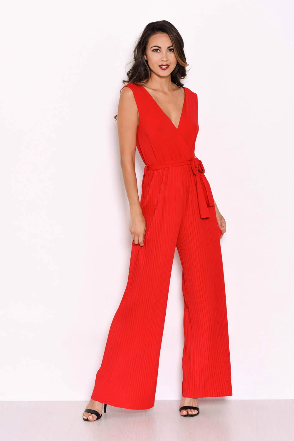 Red Pleated Tie-Waist Jumpsuit sold by AX Paris