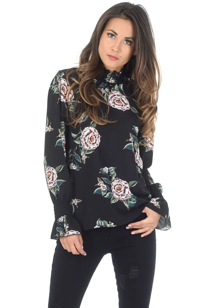 Black Floral High Neck Frill Top sold by AX Paris