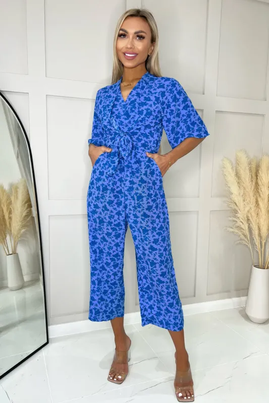 Blue Floral Tie Front Jumpsuit sold by AX Paris