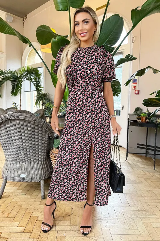 Multi Rose Printed Frill Detail Midi Dress sold by AX Paris