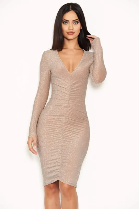 Nude Ruched Front Bodycon Dress sold by AX Paris