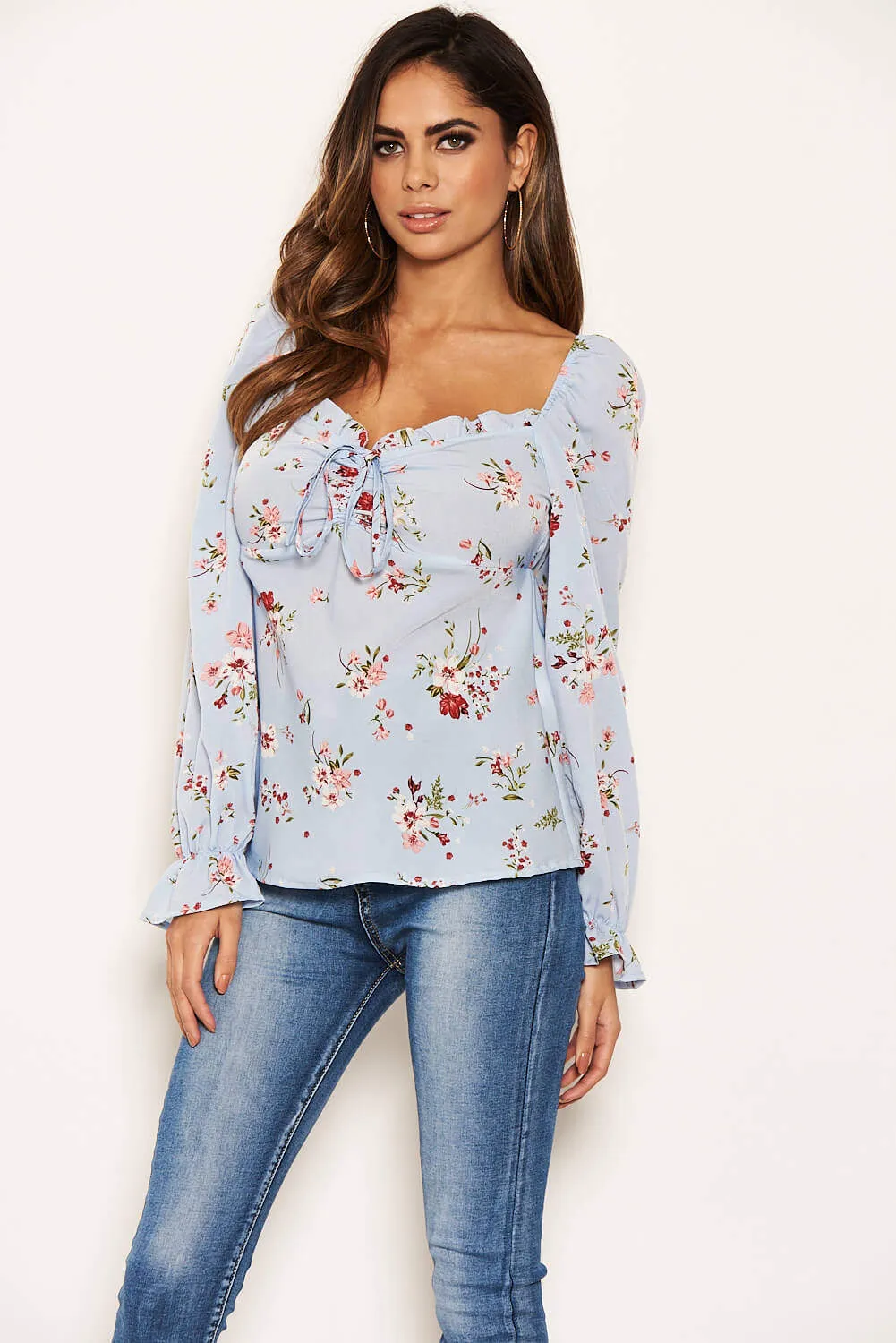 Blue Floral Long Sleeve Milk Maid Neckline Top sold by AX Paris product image thumbnail 3