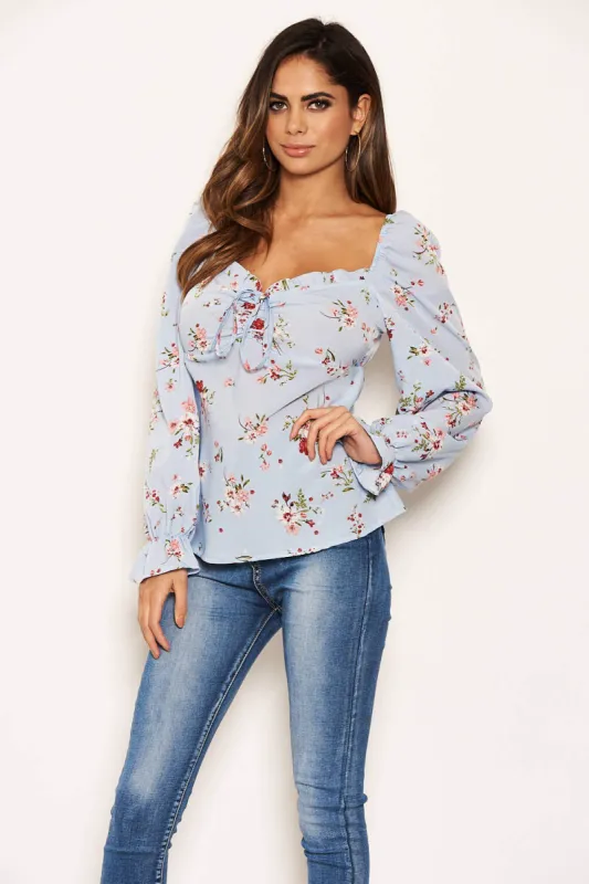 Blue Floral Long Sleeve Milk Maid Neckline Top sold by AX Paris