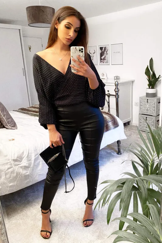 Black Polka Dot Wrap Over Top sold by AX Paris