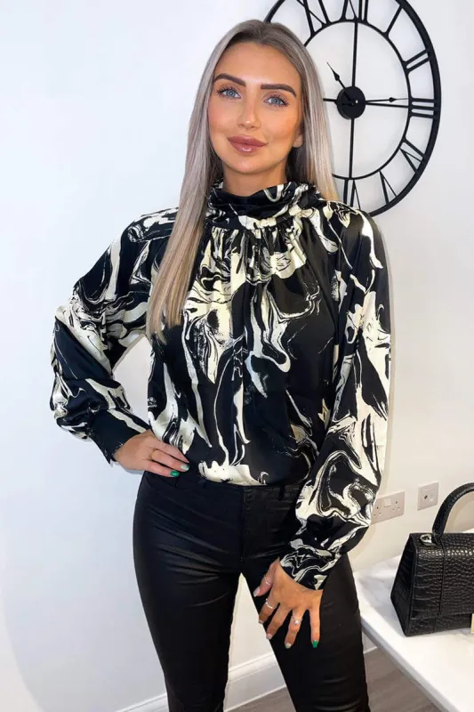 Black And Cream Marble Print  Long Sleeve Top sold by AX Paris