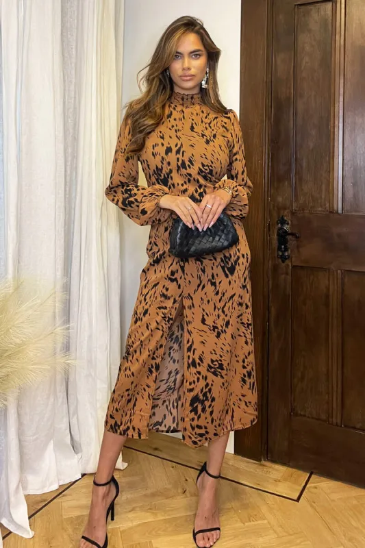 Camel Print High Neck Split Skirt Midi Dress sold by AX Paris