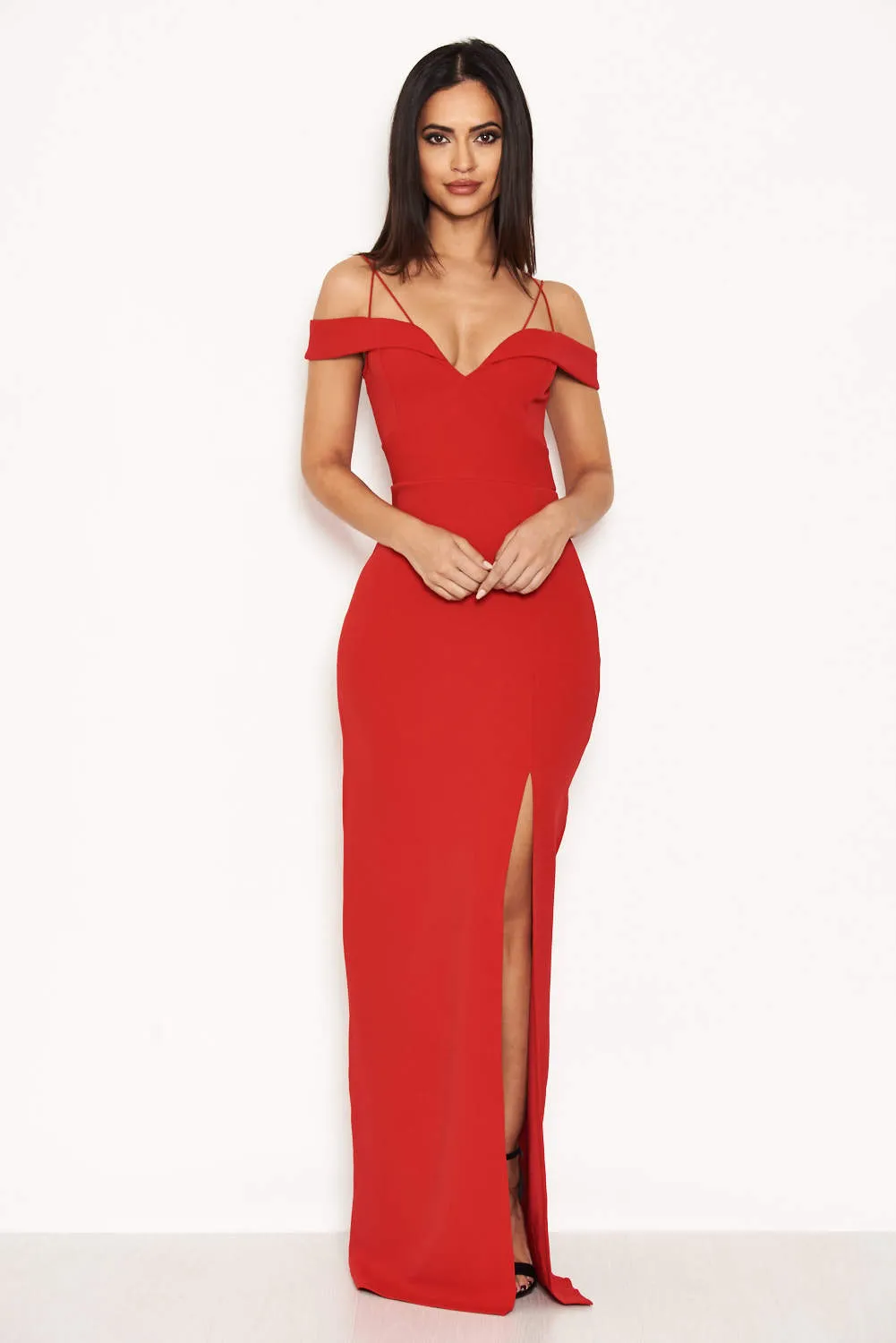 Red Strappy Off The Shoulder Side Split Maxi Dress sold by AX Paris