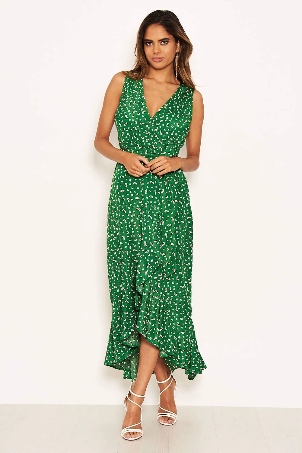 Green Printed Wrap Over Frill Midi Dress sold by AX Paris
