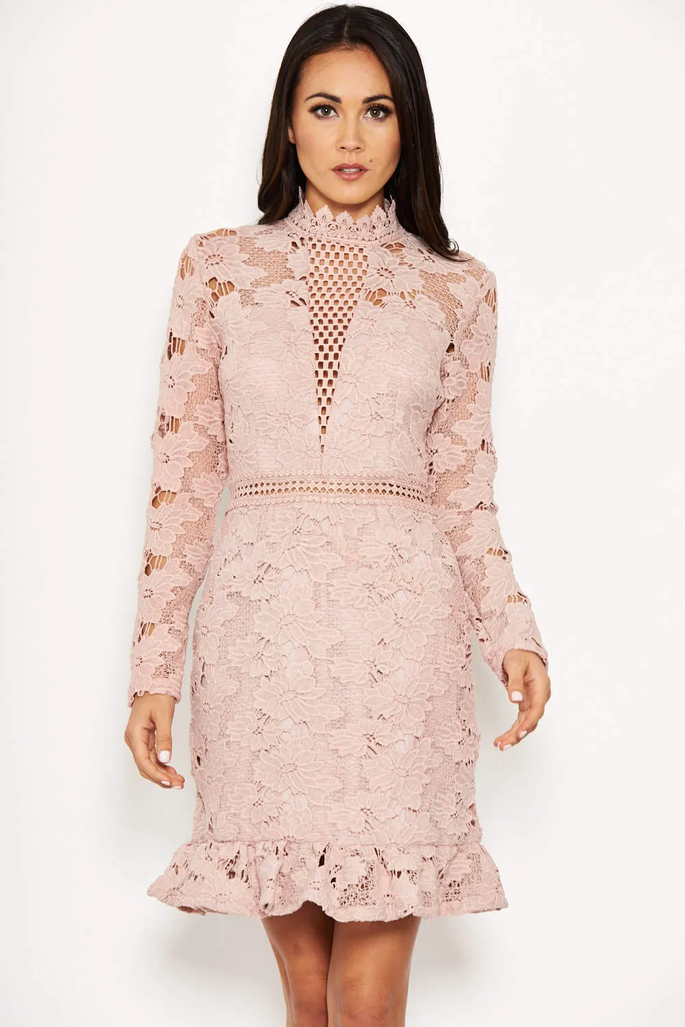 Nude Lace Dress With Frill Hem And Cut Out Back sold by AX Paris