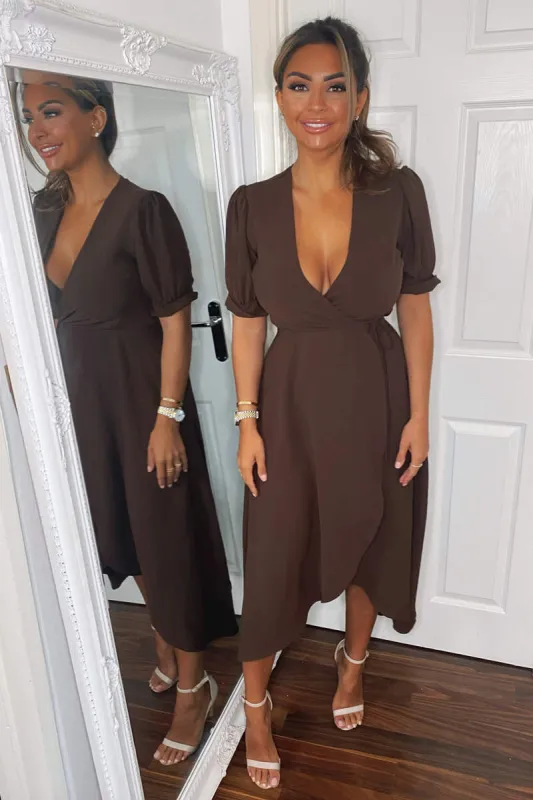 Chocolate Wrap Side Tie Midi Dress sold by AX Paris